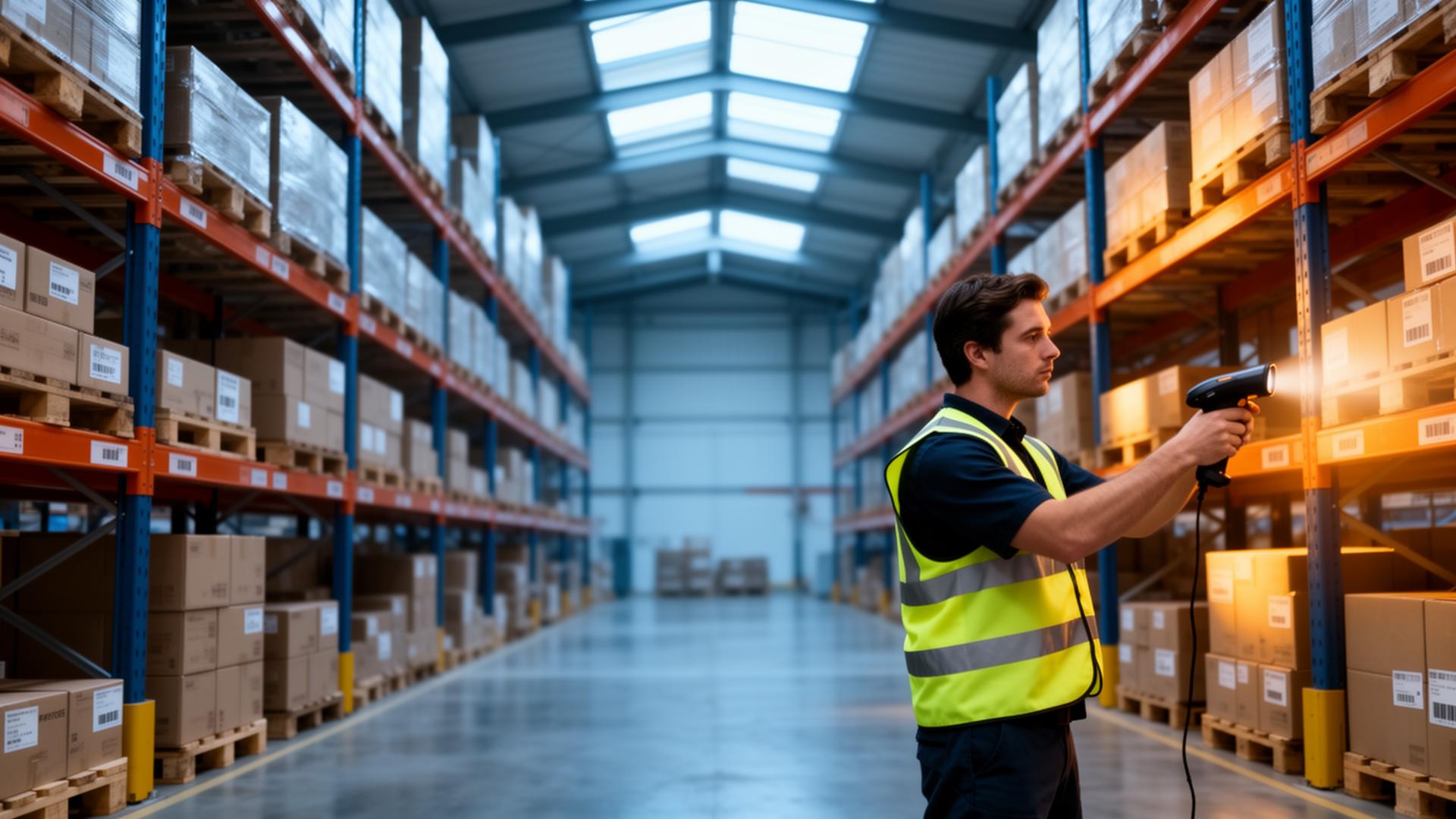 Warehouse worker scanning a barcode in a modern logistics facility